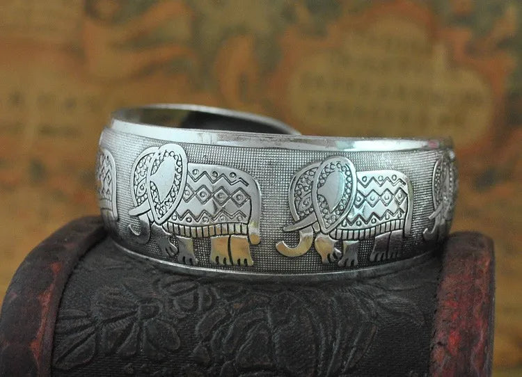 Vintage Cuff Bracelet Tibetan Silver Plated Carved Flower Geometric Animal Opening Bangle Adjustable Indian Jewelry Women Gifts