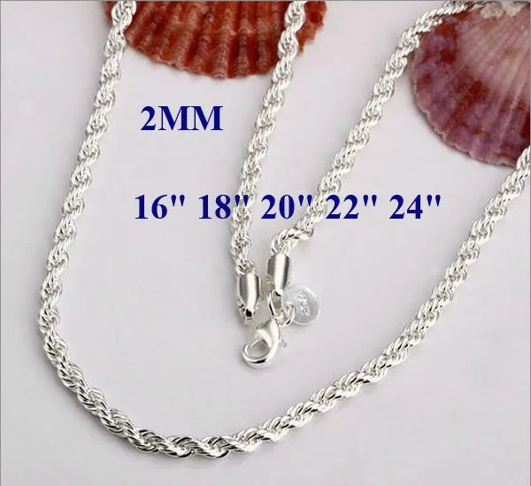 16-24INCHES Free shipping Beautiful fashion Elegant silver color women men 2MM chain cute Rope Necklace Can for pendant ,N226