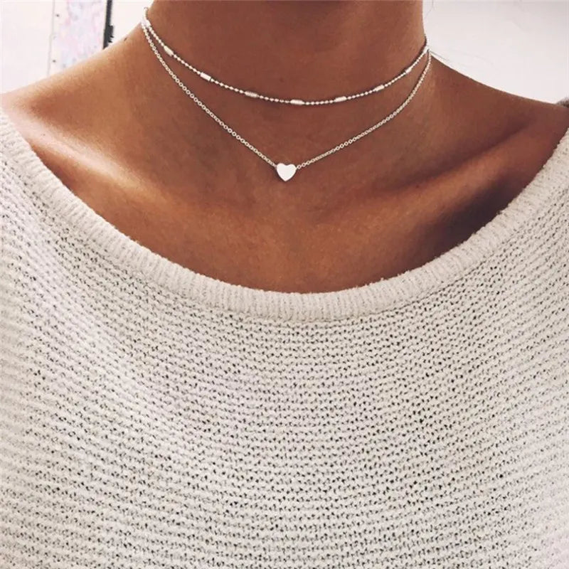 Fashion Star Tassel Chokers Necklaces for Women Short Chain Heart Pendant Necklace Female Simple Silver Golden Color Jewelry