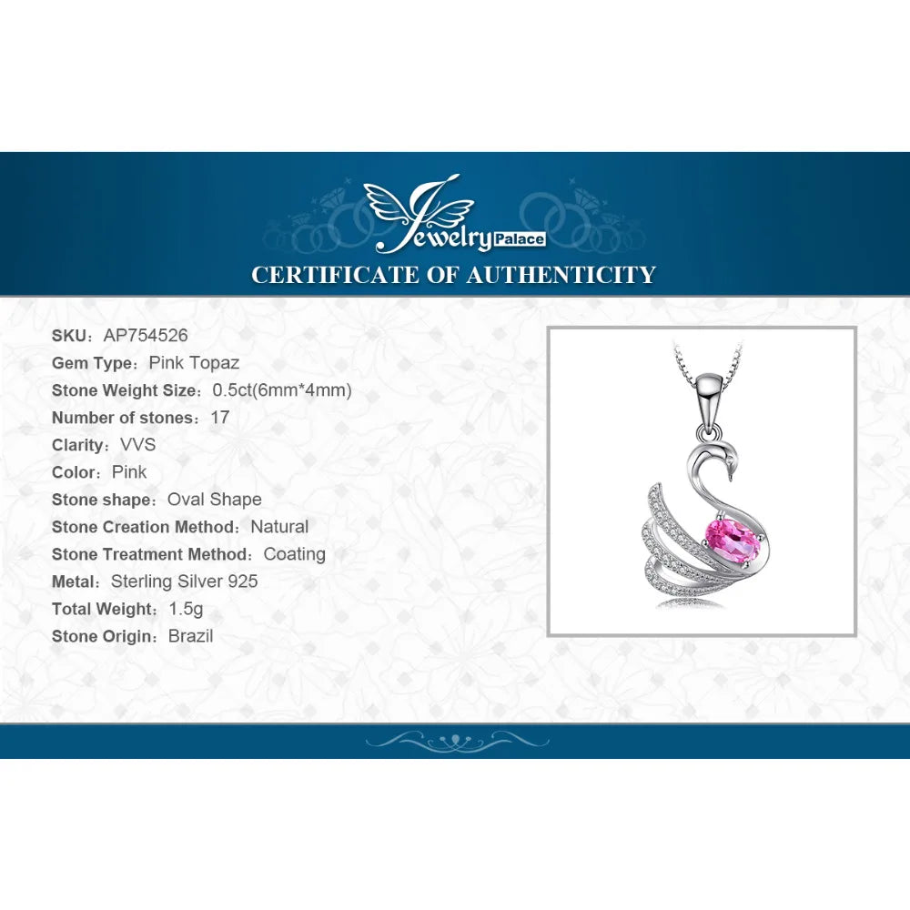 JewelryPalace Swan Oval Natural Pink Topaz 925 Sterling Silver Pendant Necklace for Woman Gemstone Fine Jewelry Without Chain