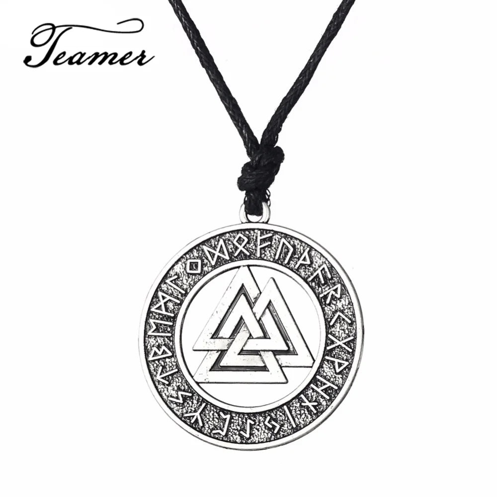 Teamer Vintage Men Ethnic Viking Necklace Warrior Scandinavian Amulet Valknut Odin's Symbol of Norse Runes Pendant Necklace