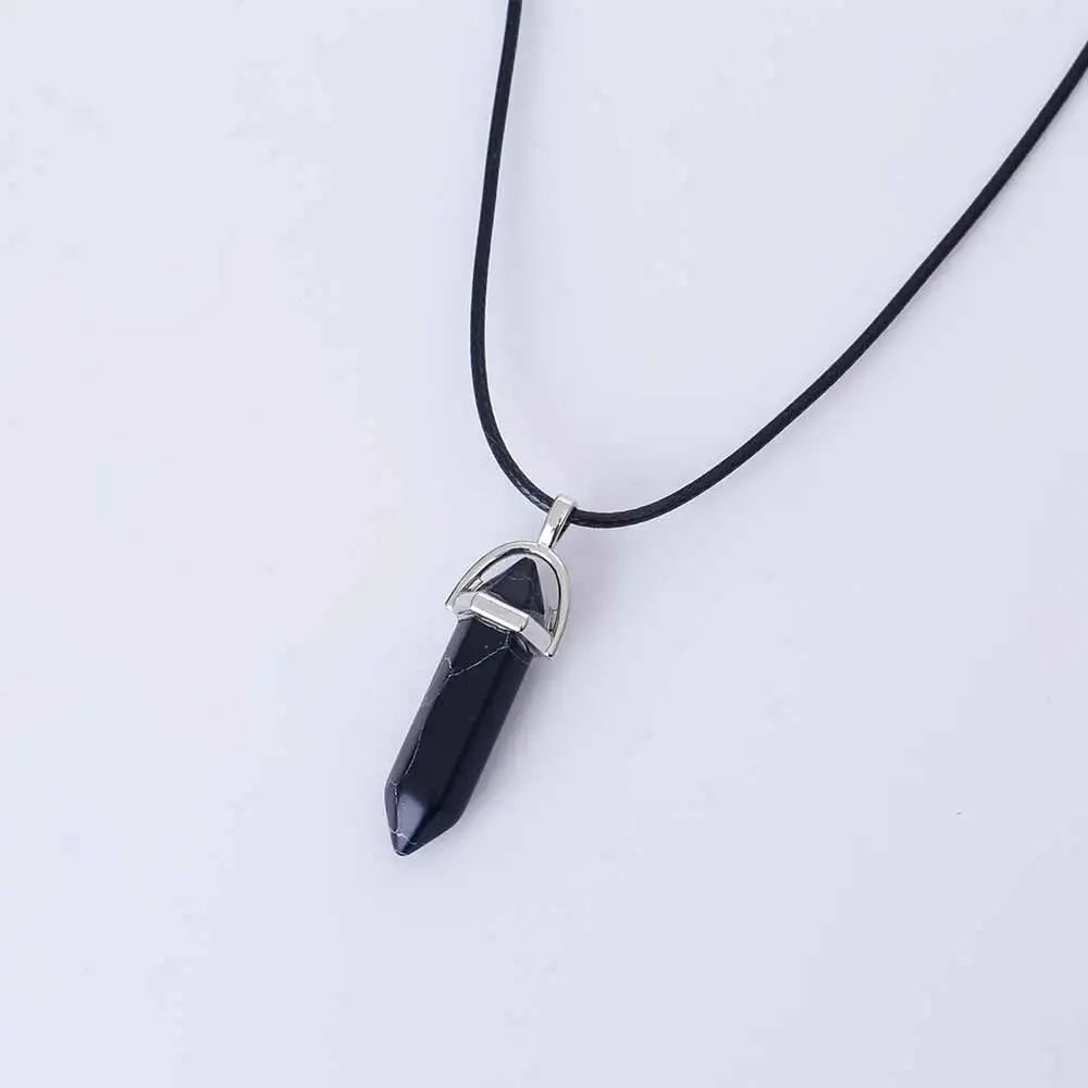 KISSWIFE Hexagonal Column Natural Crystal Tiger Eye Pendent Necklaces For Women PU Leather Chain Stone Choker Necklace Jewelry