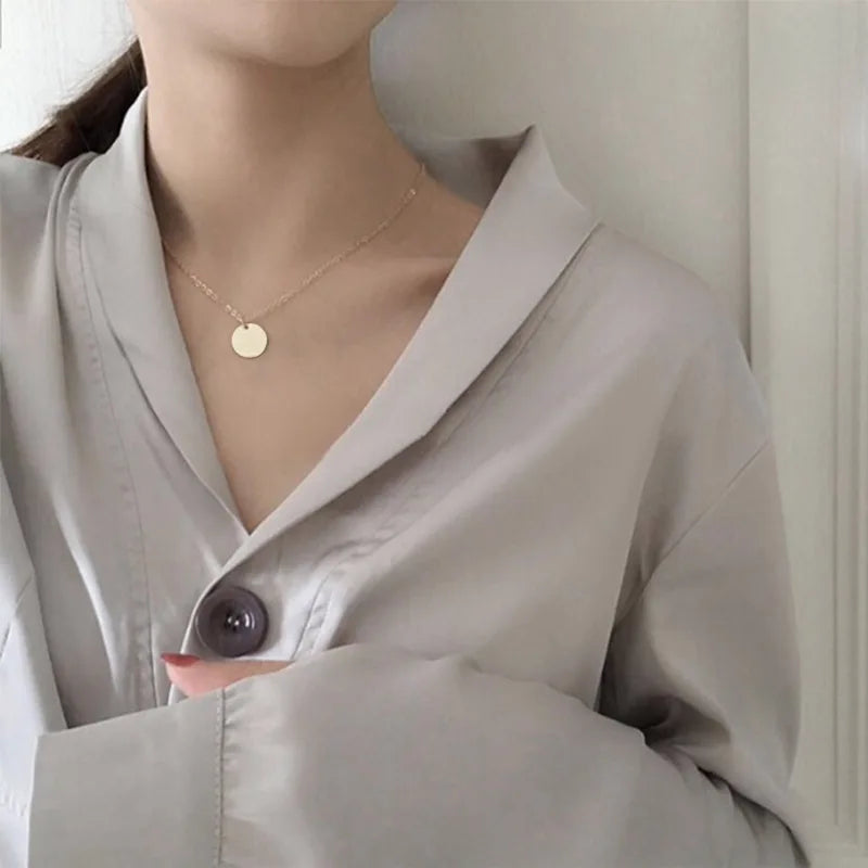 Simple Little Round Metallic Medal Golden Silver Plated Necklace Choker for Women