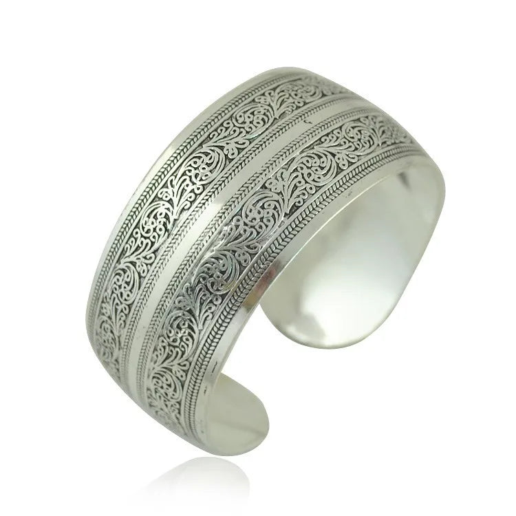 Vintage Cuff Bracelet Tibetan Silver Plated Carved Flower Geometric Animal Opening Bangle Adjustable Indian Jewelry Women Gifts