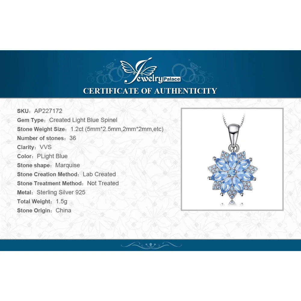 JewelryPalace Flower 1.2ct Created Blue Spinel 925 Sterling Silver Pendant Necklace for Woman Fashion Gift Fine Jewelry No Chain