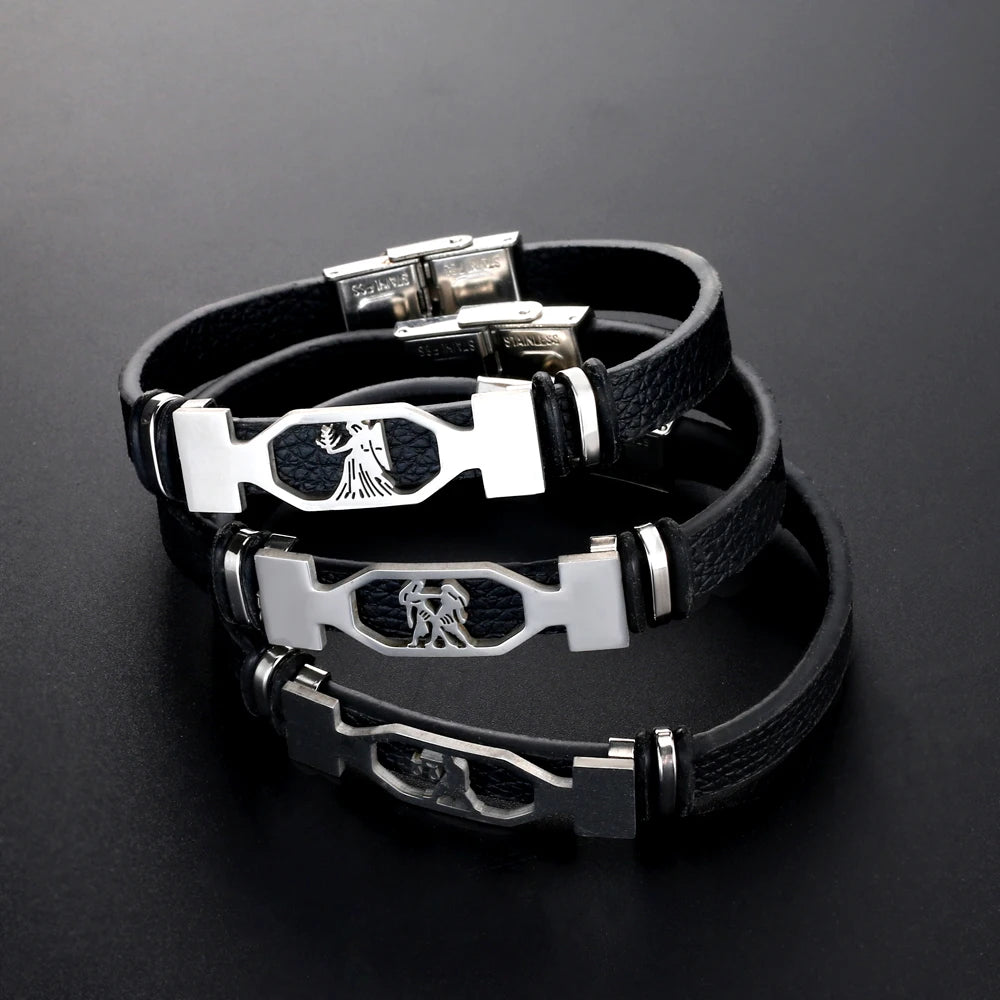 12 Constellation Stainless Steel Cuff Bracelet Men Women Zodiac Sign Black Leather Wrap Bracelet Jewelry bransoletka męska