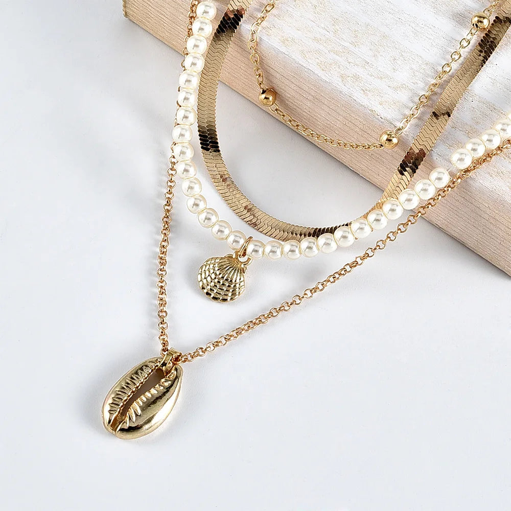 Gold-plate Faux Pearl Snake Chain Shell Pendant Necklaces For Women Necklace New Multi Level Female Boho Vintage Jewelry Gift