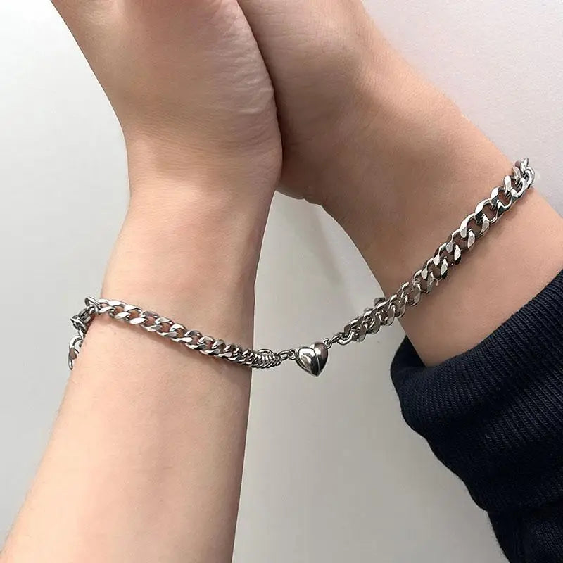 2Pcs Punk Silver Color Chain Couple Bracelet for Women Copper Alloy Romantic Magnet Men Paired Things Fashion Jewelry