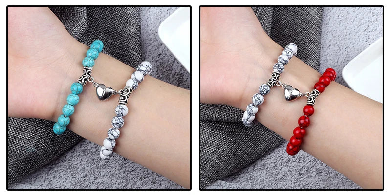 Hot Sale 2Pcs/Set Beads Bracelet For Lovers Natural Stone Distance Heart Magnet Couple Bracelets Friendship Fashion Jewelry Gift