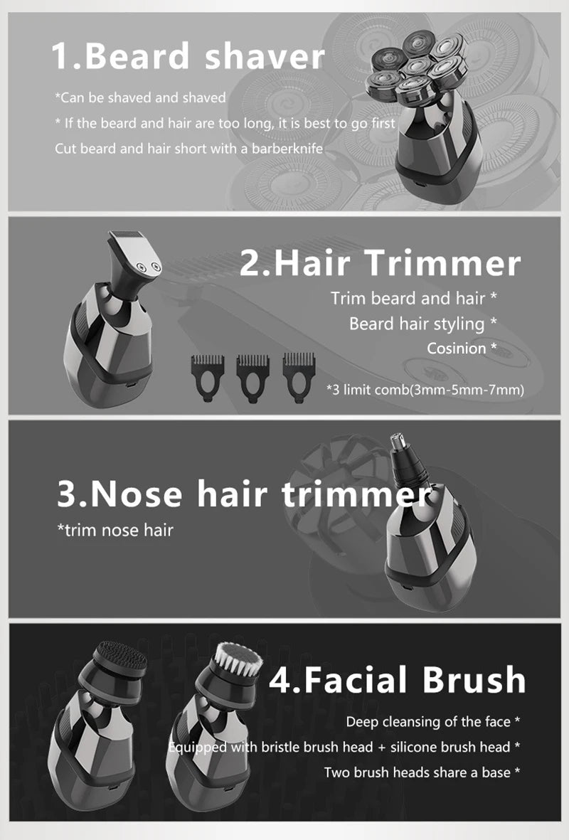 5 IN 1 4D Men's Rechargeable Bald Head Electric Shaver 7 Floating Cutter Beard Nose Ear Hair Trimmer Men Facial Cleaning Brush