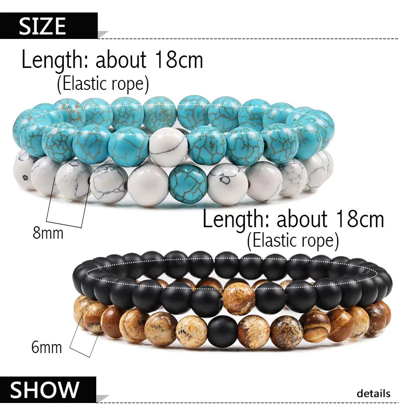 Set Bracelet Couples Distance Black White Natural Lava Stone Tiger Eye Beaded Yoga Bracelets for Men Women Elastic Rope Jewelry