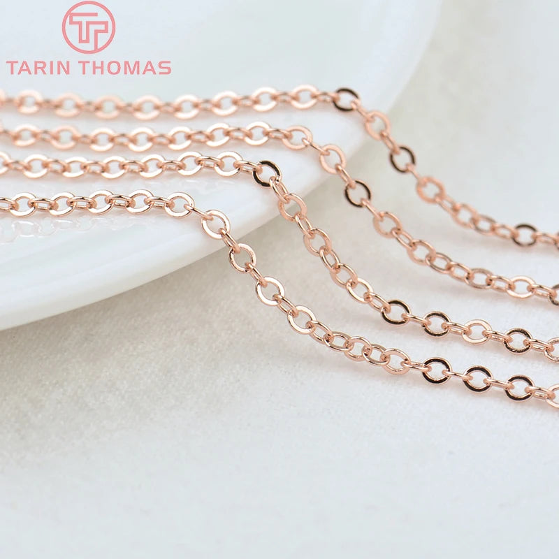 (4295)2Meter width:1.5MM 2MM 24K Champagne Gold Color Brass Flat Oval Chains Necklace Chains High Quality Jewelry Accessories