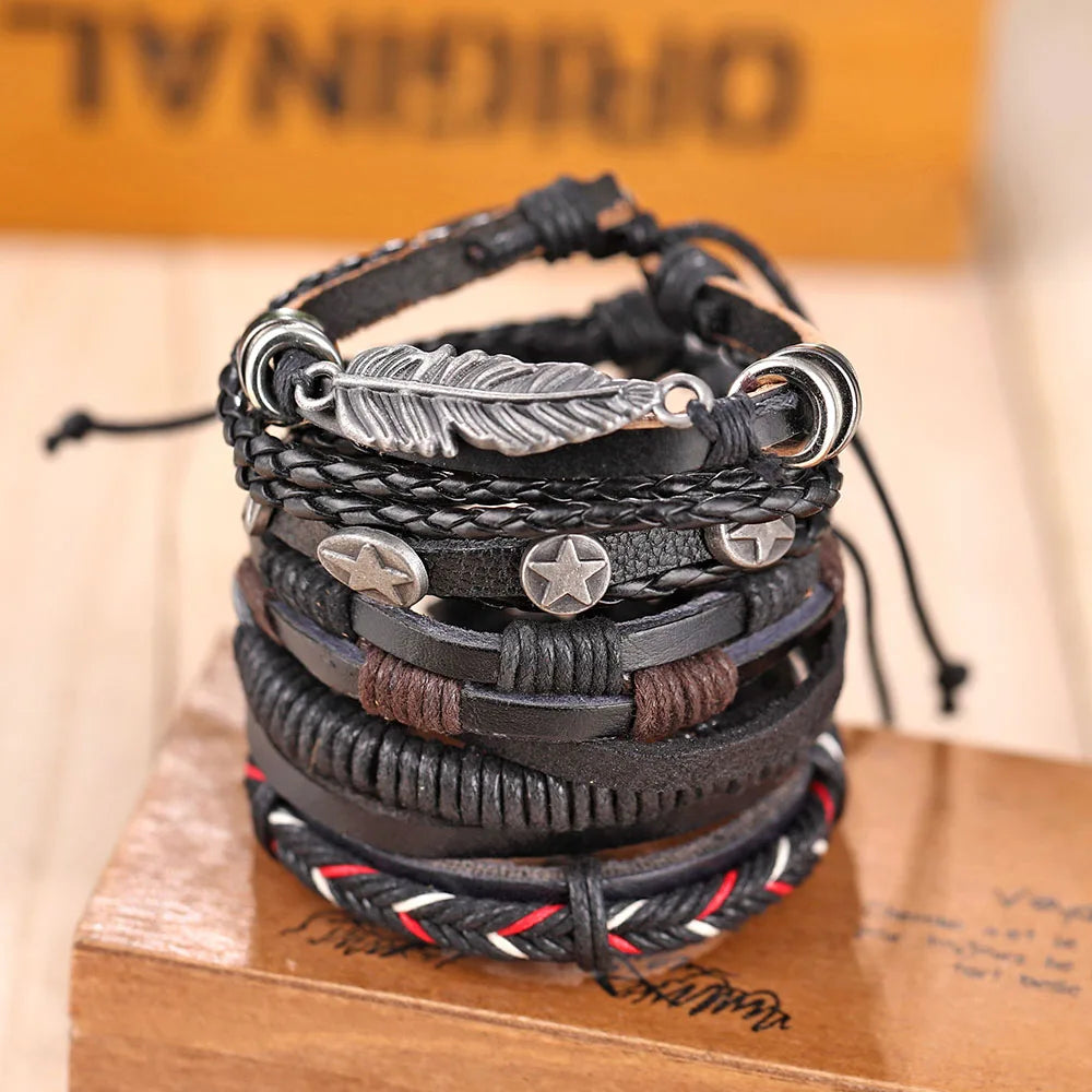 IFMIA Vintage Leather Bracelet Fashion Hand-knitted Multi-layer Leather Feather Leaf Bracelet and Fashion Men's Bracelet Gift