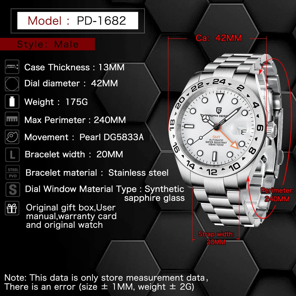 2024 PAGANI Design New Men's Automatic Mechanical Watches GMT Watch 42mm Sapphire Stainless Steel Waterproof Watch Reloj Hombre