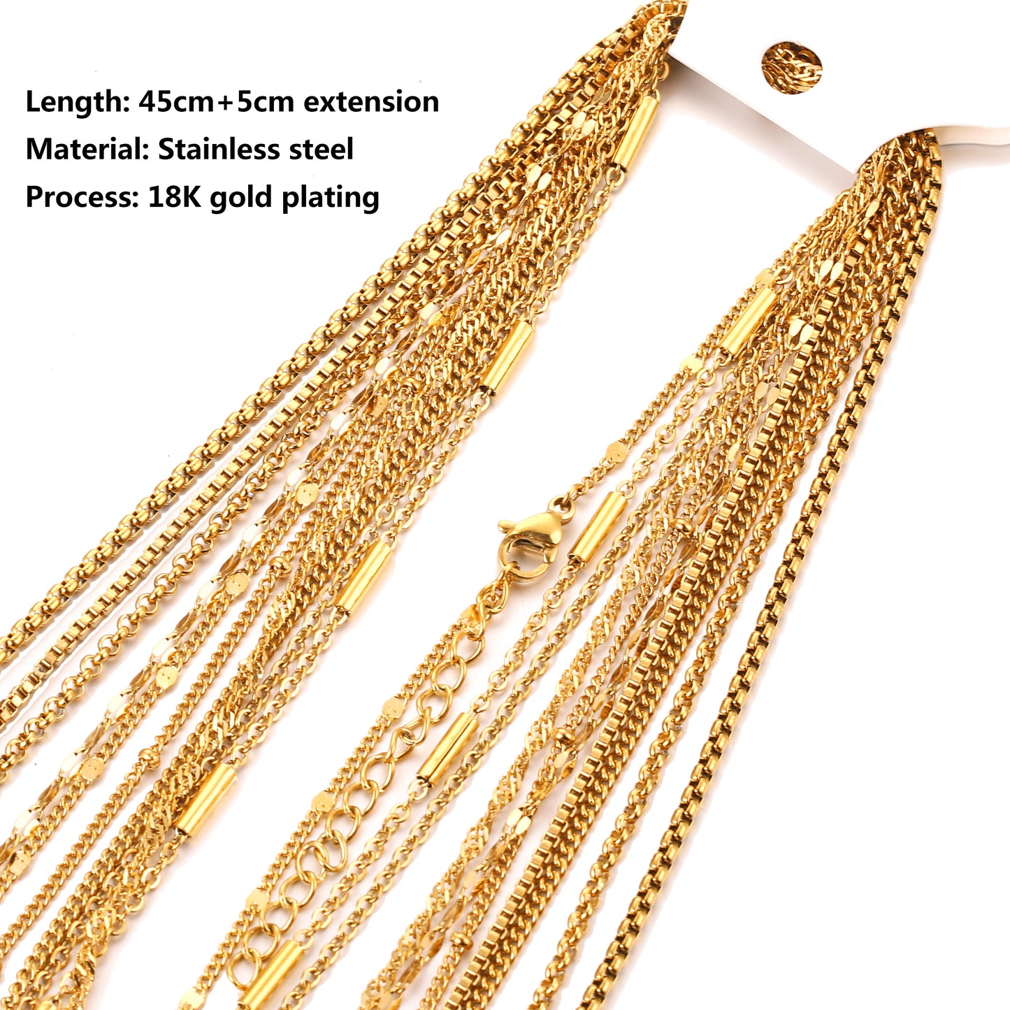 5pcs Stainless Steel Bead Chain Cuba Cross O Ripple Chain Necklace Plated Gold 45CM Adjustable Chain Lobster Clasp DIY Necklace