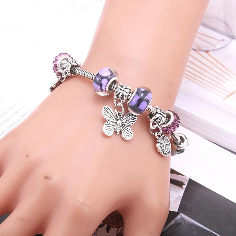 Charm Bracelet & Bangles Jewelry white butterfly Crown Beads Bracelets Brands Bracelets Fit Women Girl Friendship Gift