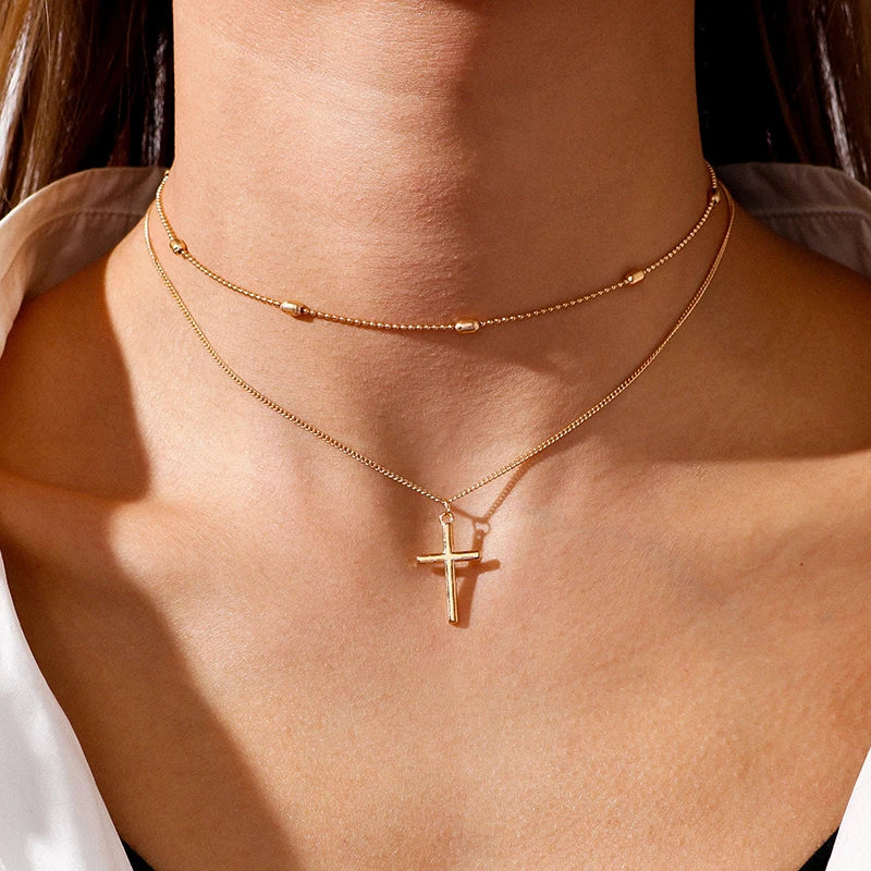 Romantic Cross Pendants Necklace for Women Gold Silver Color Multilayered Oval Beads Chain Necklace Minimalism Female Jewelry