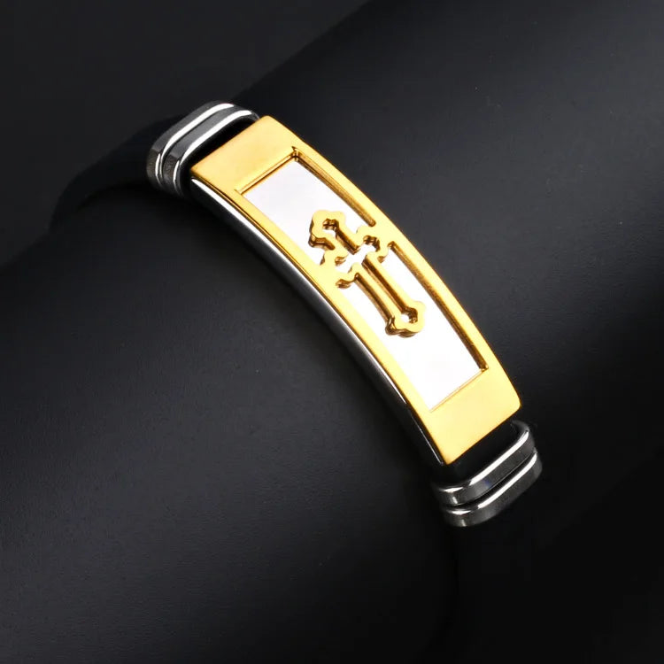 2024 Trend Personalized Jewelry Stainless Steel Cross Silicone Bracelet Vintage Titanium Steel Bracelets Bangles Cuff Bracelet M