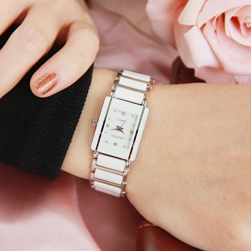 Luxury Brand CHENXI Elegant Women Watch Rhinestone White Silver Simple Stylish Ceramics Bracelet Quartz Casual Lady Wristwatch