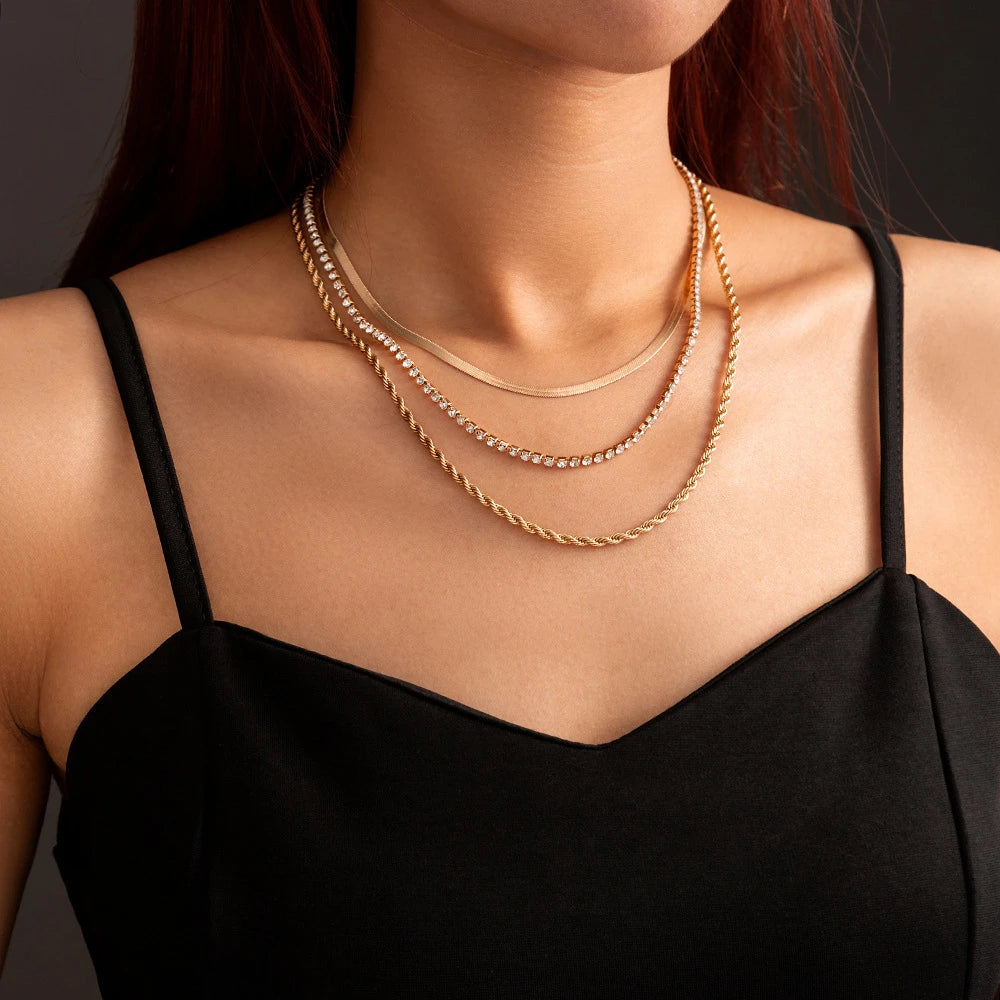 Vintage Fashion Multilevel Geometric Crystal Twist Snake Chain Set Necklace For Women Female Gold Plated Silver-plate Jewelry