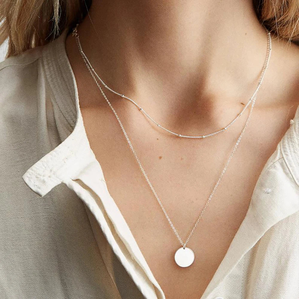 Boho Fashion New Vintage Simple Round Sequin Pendant Gold-plate Necklaces For Women 2020 Multilevel Necklace Jewelry Gift