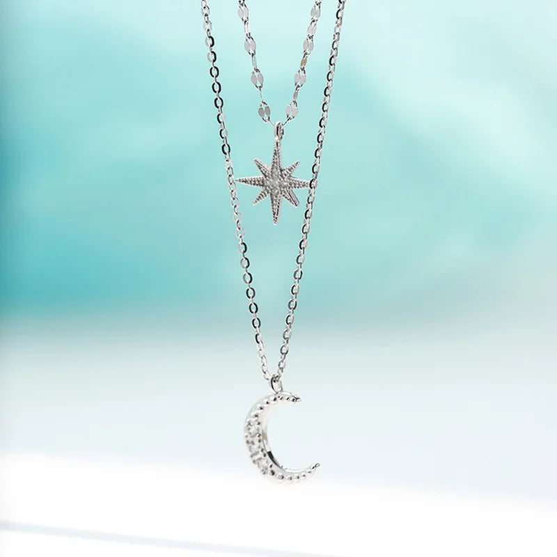 Hot Sale 925 Sterling Silver Delicate Moon Necklace Shiny Stars Layered Pendant Choker Birthday Party Gifts Fashion Women Jewelr