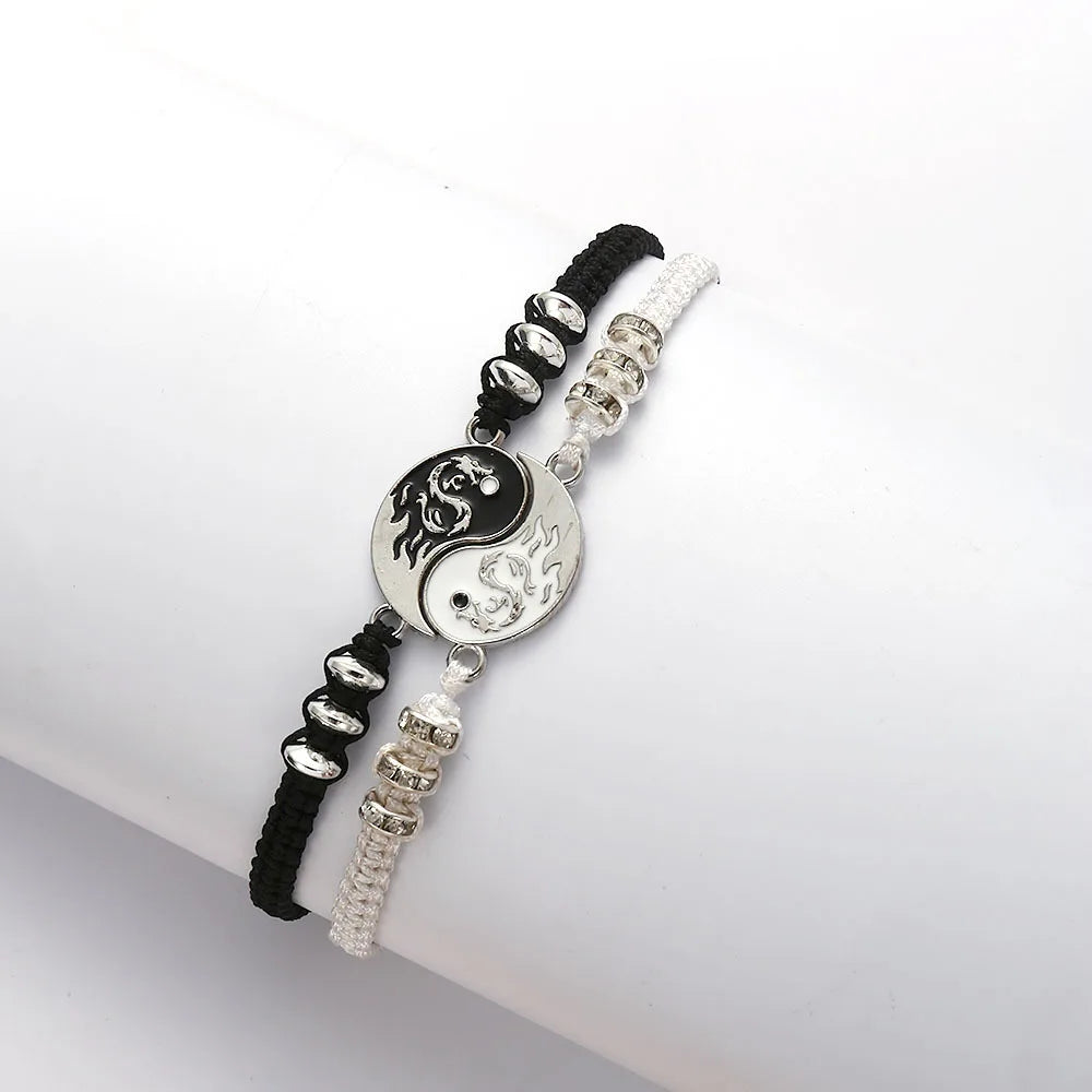 2/4Pcs Tai Chi Yin Yang Couple Bracelets Necklaces Set Pendant Adjustable Braid Chain Bracelet Matching Lover Bracelets Choker