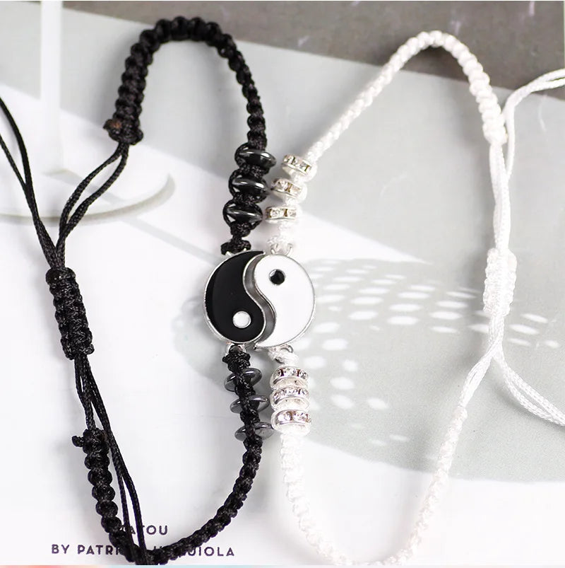 2/4Pcs Tai Chi Yin Yang Couple Bracelets Necklaces Set Pendant Adjustable Braid Chain Bracelet Matching Lover Bracelets Choker