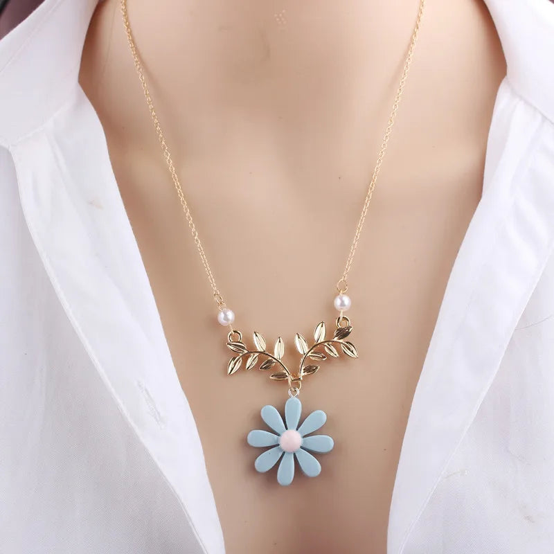 NK106 Delicate Sunflower Pendant Necklace For Women Daily Imitation Pearl Jewelry Sweater Daisy Flower Leaf Collar Accessories