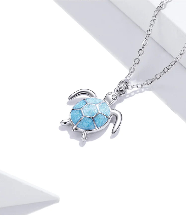 Bamoer 925 Sterling Silver Sky Blue Enamel Turtle Pendant Necklace Cute Animal Adjustable Necklace for Women Fine Jewelry SCN446