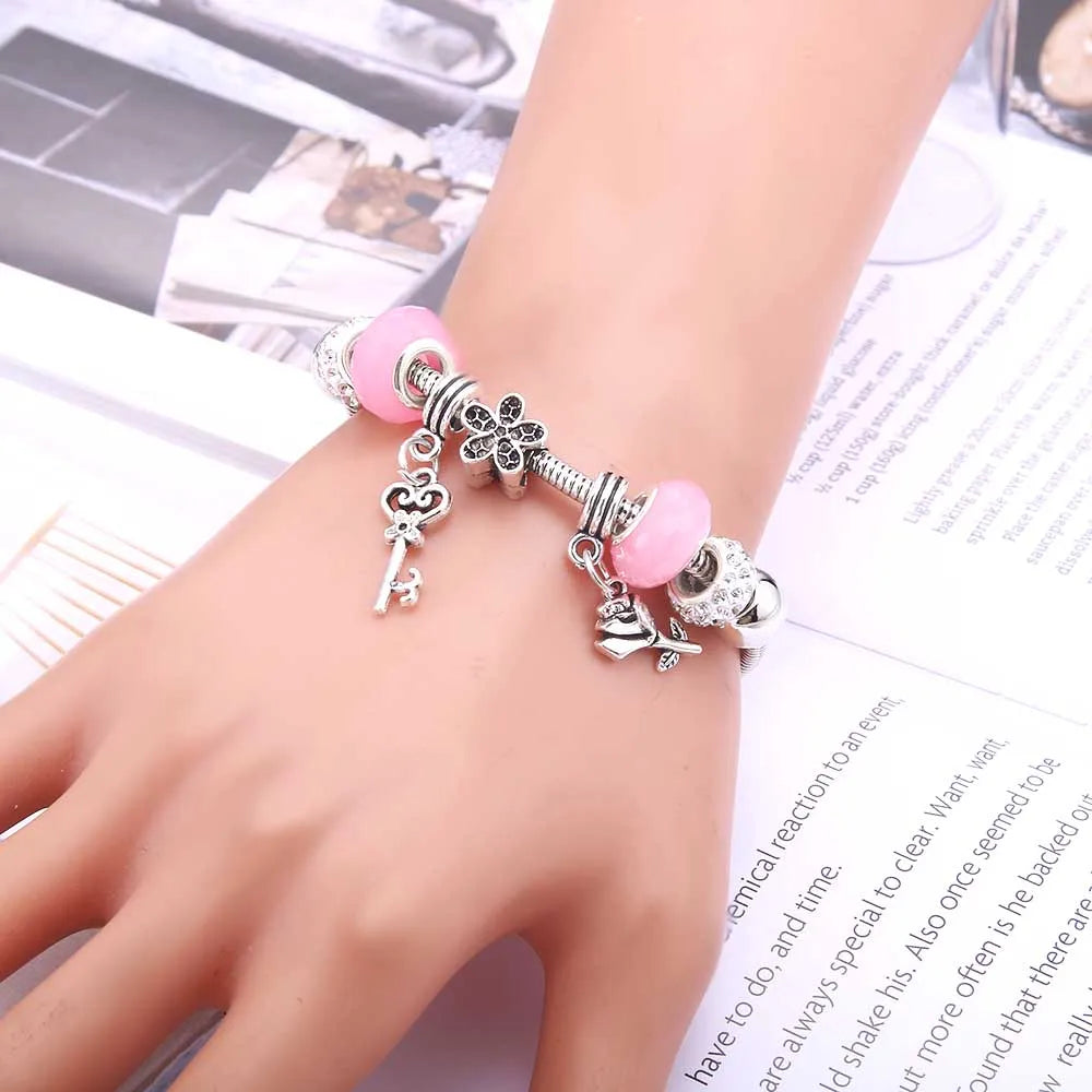 Charm Bracelet & Bangles Jewelry white butterfly Crown Beads Bracelets Brands Bracelets Fit Women Girl Friendship Gift