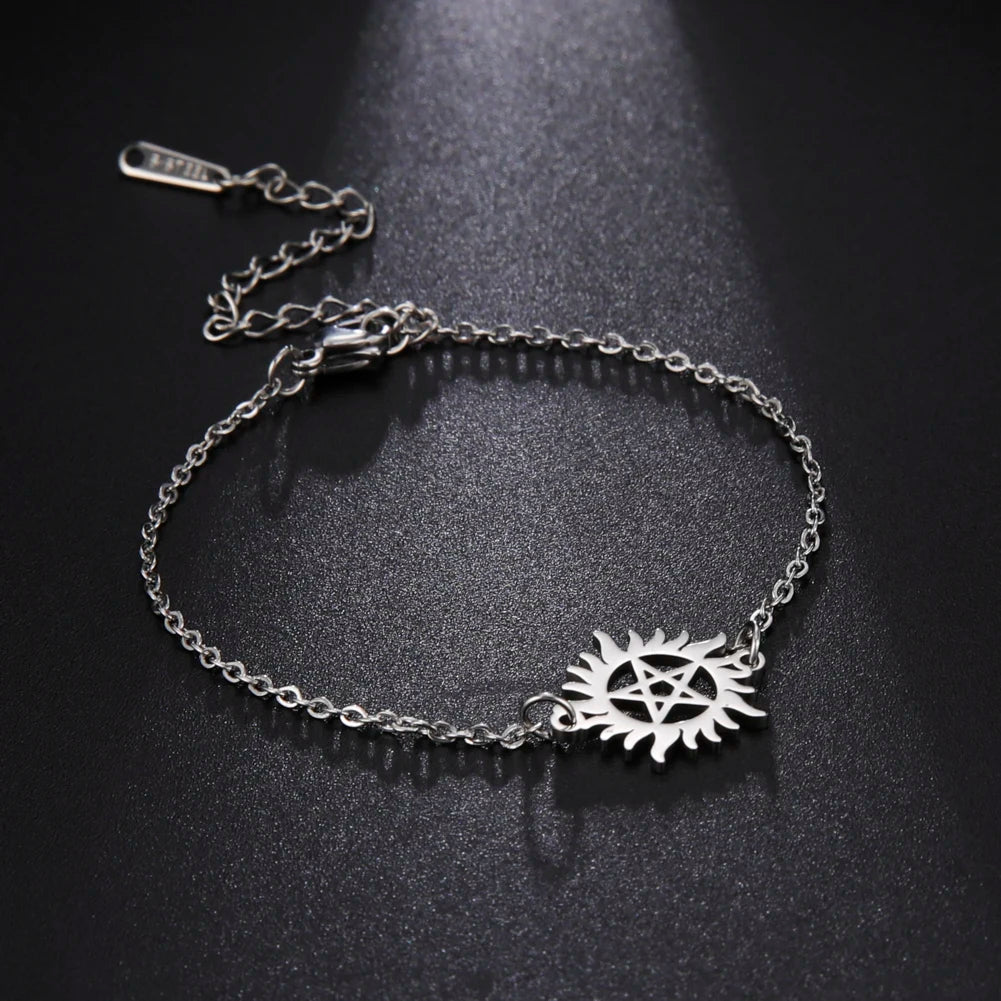 Skyrim Pentacle Charm Bracelets on Hand Women Men Stainless Steel Shining Sun Pentagram Bracelet Supernatural Dean Jewelry Gift