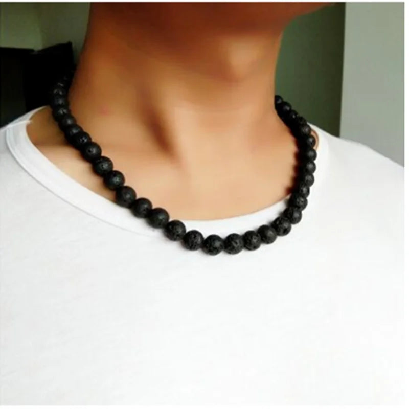 Trendy Men Necklace 6/8mm Black Lava Stone Yellow Tiger Eye Choker Rock Beads Necklace Men Jewelry Handmade Collar Dropshipping