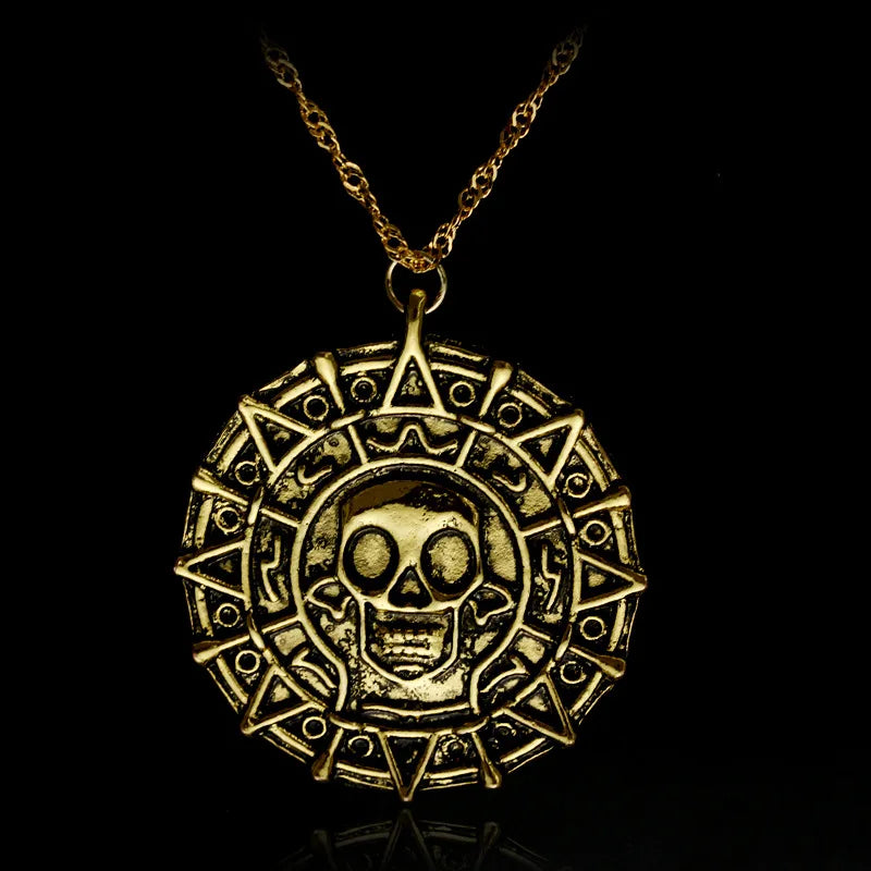 Movie Accessories Caribbean Akg Pirates Aztec Gold Color Coin Necklace Retro Skull Pendant Punk Hip Hop Necklace