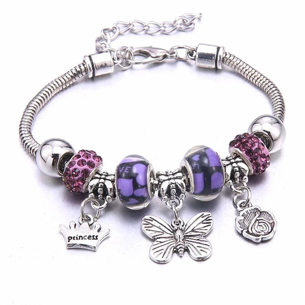 Charm Bracelet & Bangles Jewelry white butterfly Crown Beads Bracelets Brands Bracelets Fit Women Girl Friendship Gift