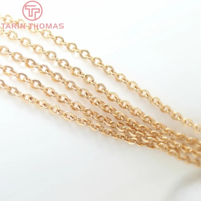 (4295)2Meter width:1.5MM 2MM 24K Champagne Gold Color Brass Flat Oval Chains Necklace Chains High Quality Jewelry Accessories