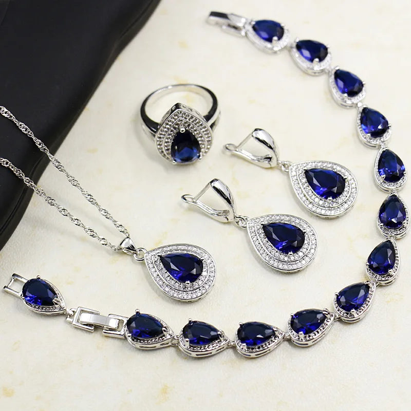 HuiSept Rings Earrings Necklace Bracelet 925 Silver Jewelry Set for Women Wedding Party Water Drop Shape Sapphire Gemstone Gift