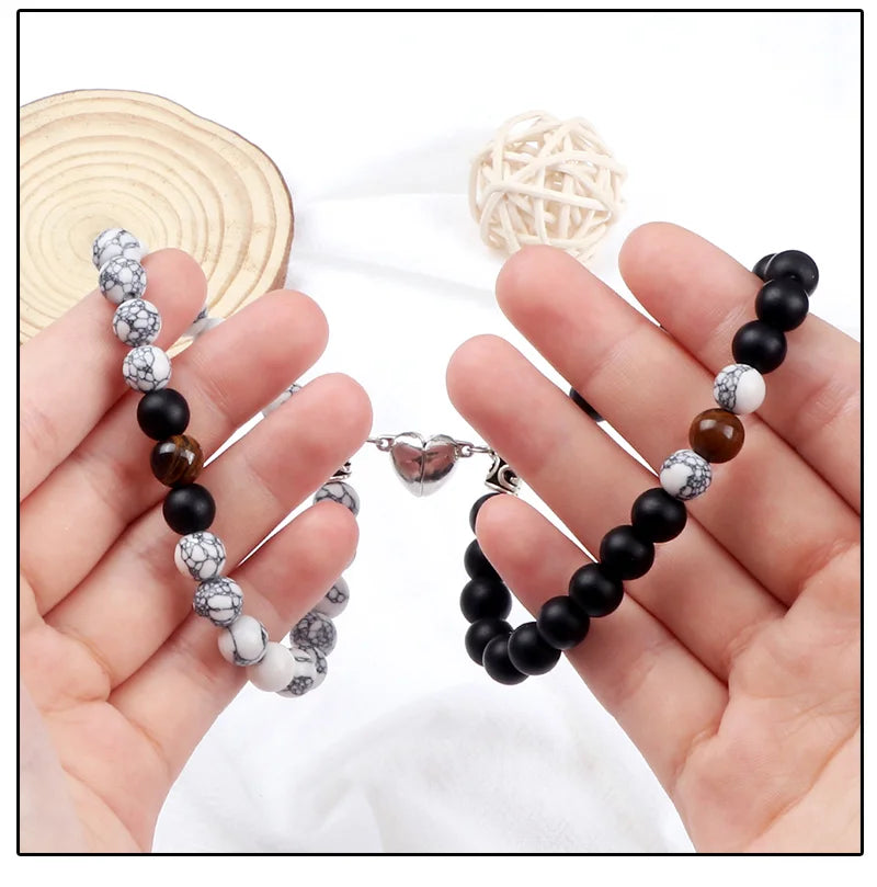 Hot Sale 2Pcs/Set Beads Bracelet For Lovers Natural Stone Distance Heart Magnet Couple Bracelets Friendship Fashion Jewelry Gift