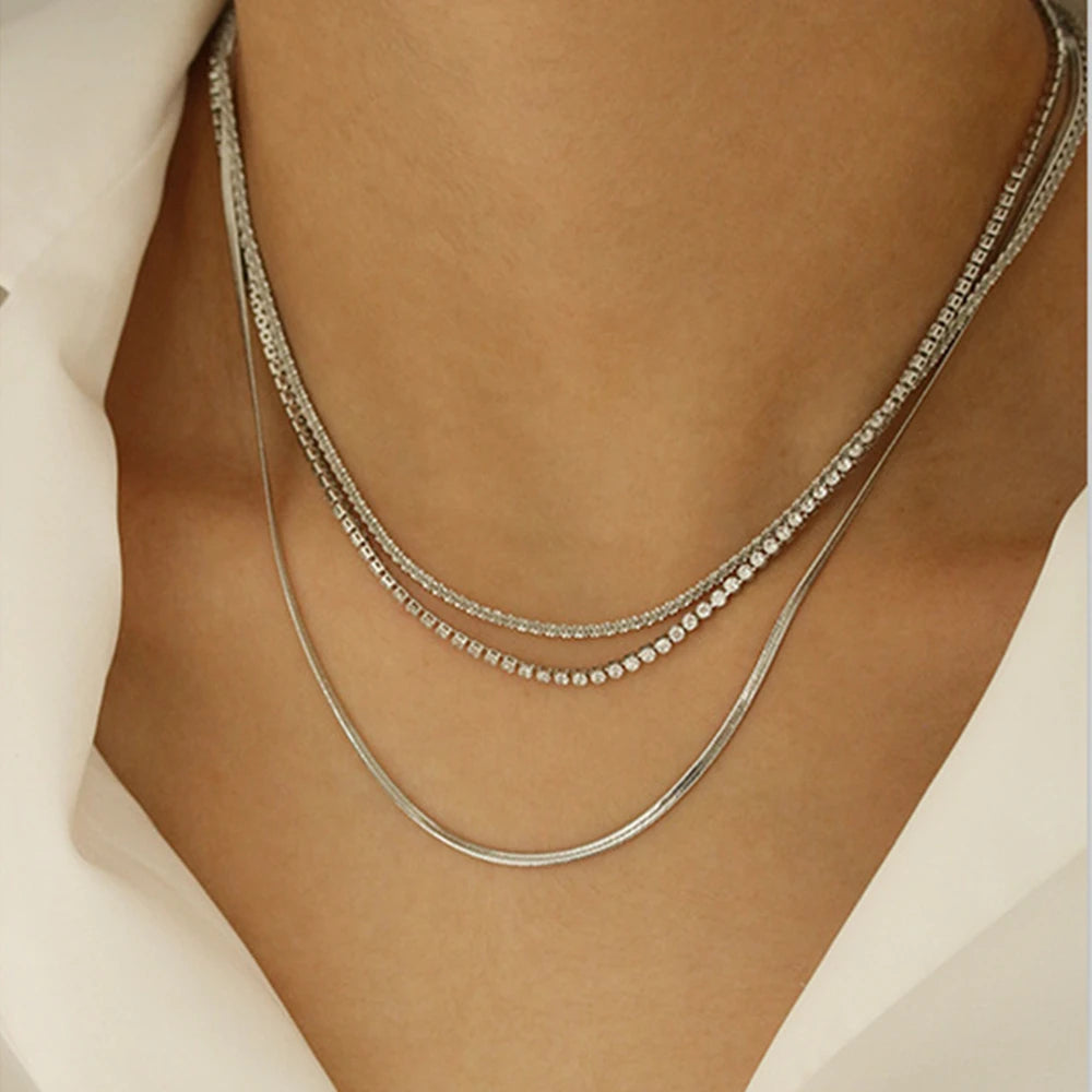 Vintage Fashion Multilevel Geometric Crystal Twist Snake Chain Set Necklace For Women Female Gold Plated Silver-plate Jewelry