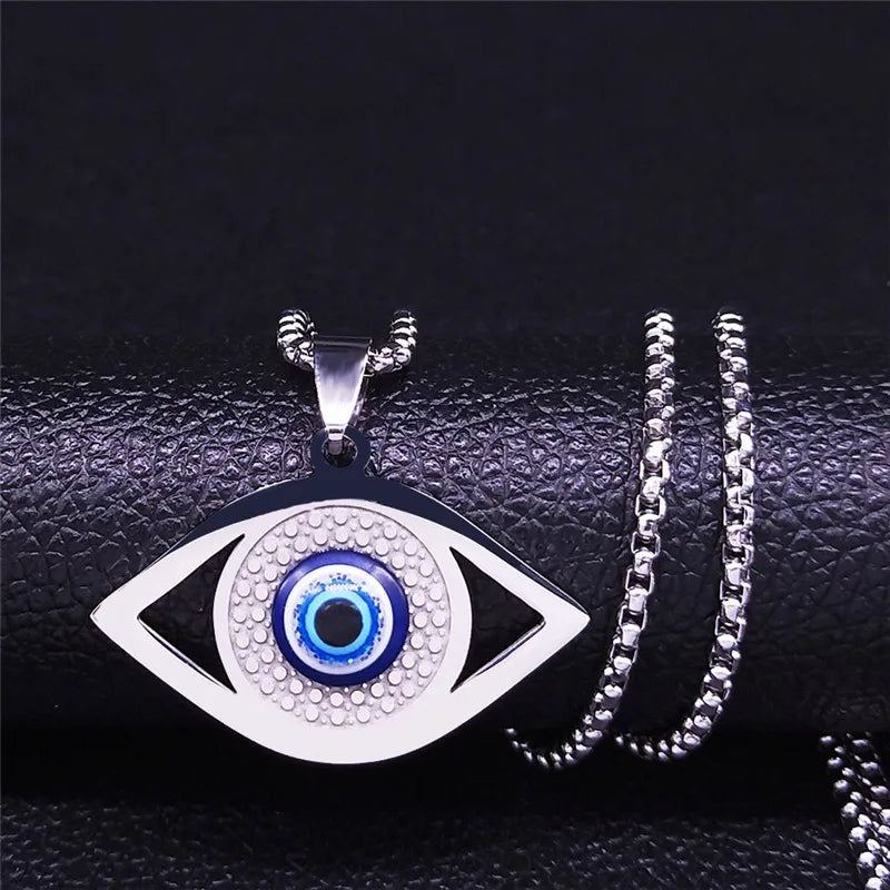 Islam Hamsa Evil Blue Eye Necklace Stainless Steel Turkish Eye Chain Bracelet Greek Jewelry ojo turco acero inoxidable N1137S02