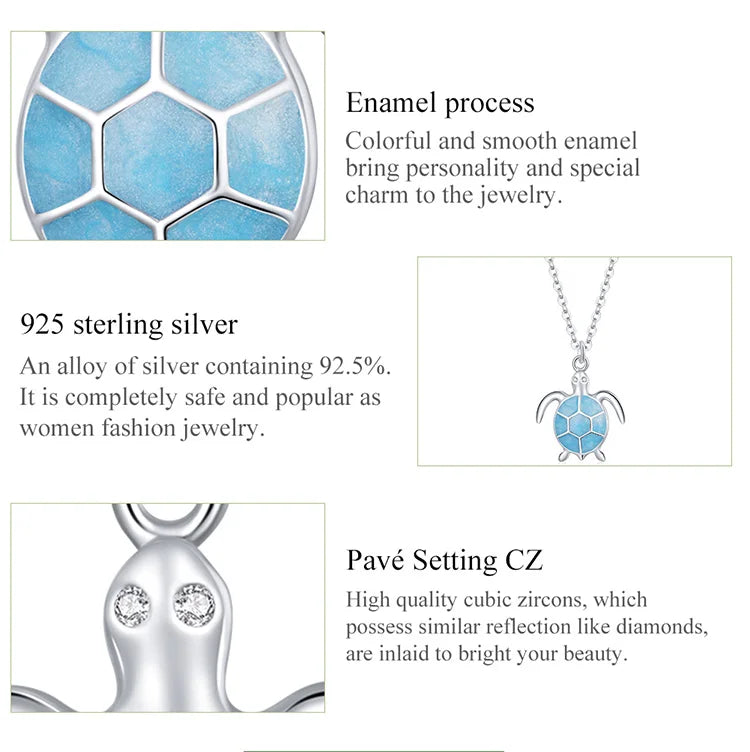 Bamoer 925 Sterling Silver Sky Blue Enamel Turtle Pendant Necklace Cute Animal Adjustable Necklace for Women Fine Jewelry SCN446