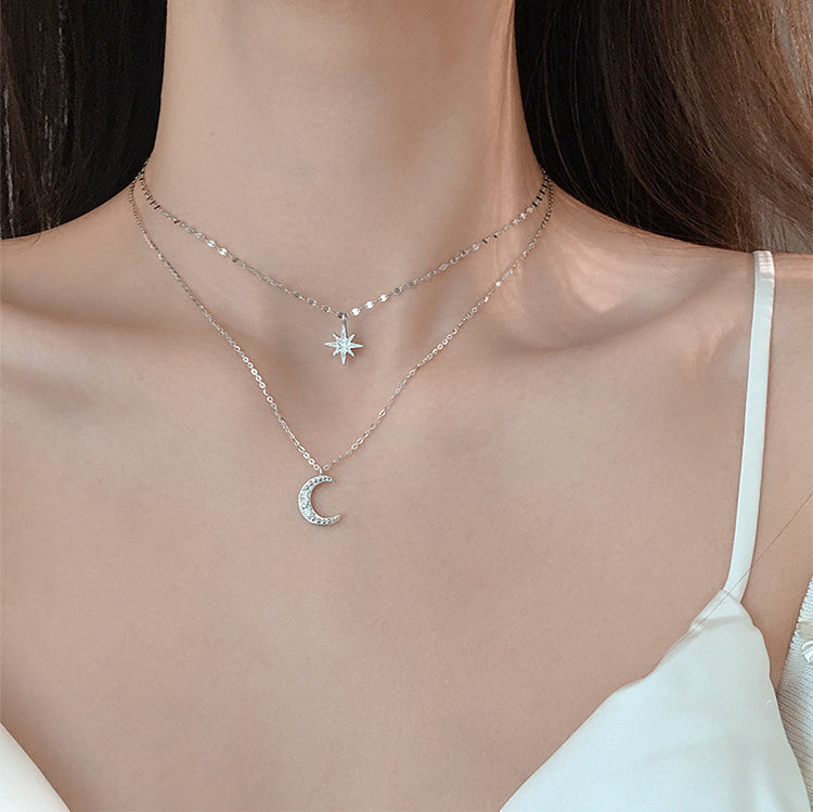 Delysia King   Star Moon double layer Necklace women's light luxury niche design sense overlapping clavicle chain 2021 NEW