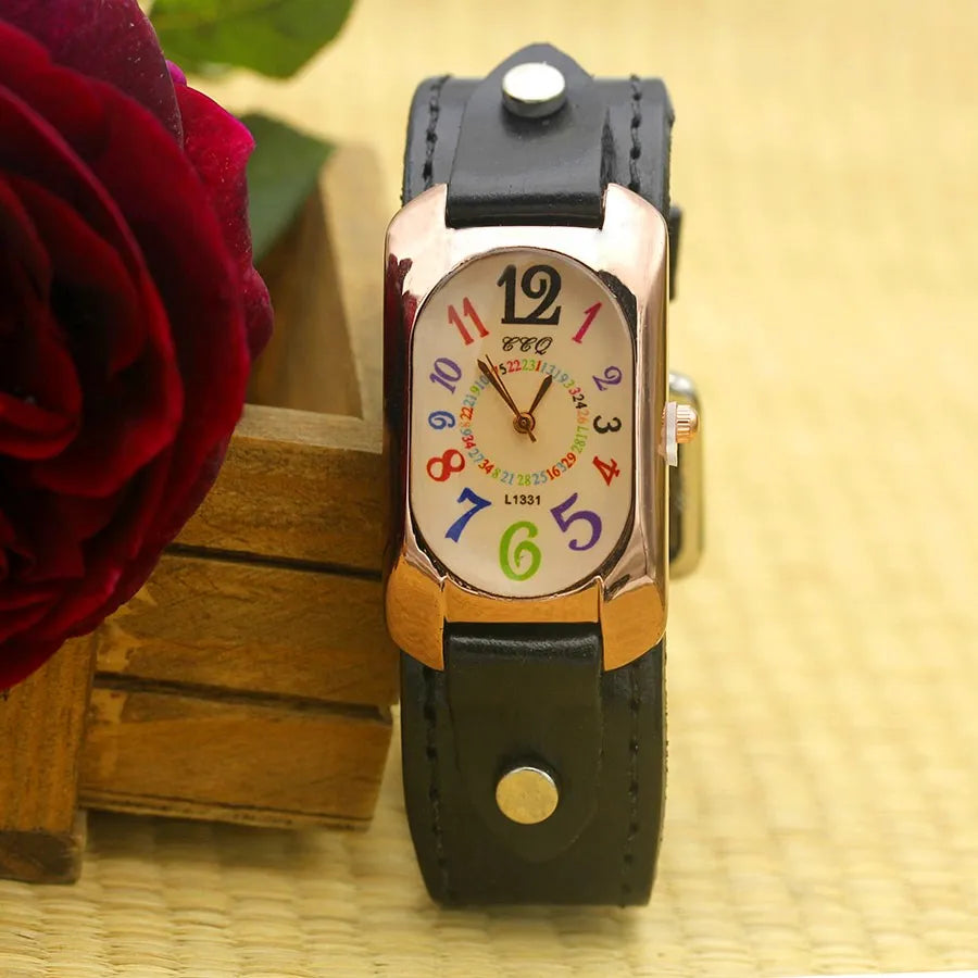 Shsby Cow Leather Strap Color Digital Rectangle Watch Women Bracelet Watches Female Bronze Quartz Watch Student Leisure Watch