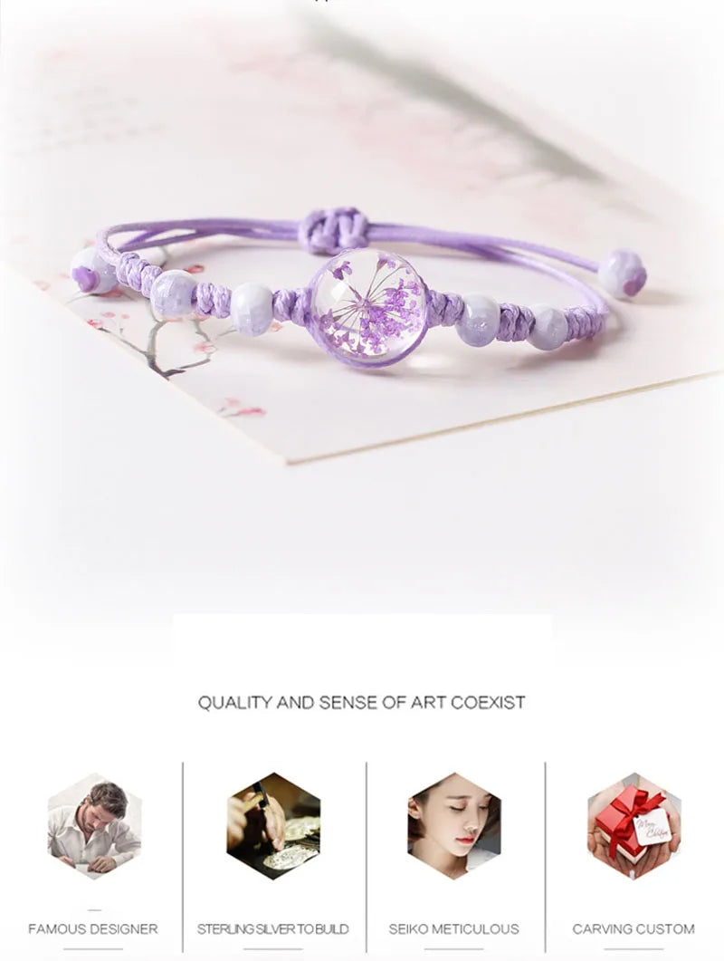 Wholesale Korean Style Jewelry New Ladies Flower In Glass Purple Rope Bracelet For Women Bracelets Girls Gifts