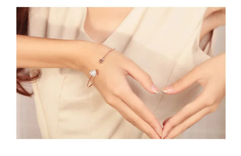 2019 Hot New Fashion Adjustable Crystal Double Heart Bow Bilezik Cuff Opening Bracelet For Women Jewelry Gift Mujer Pulseras