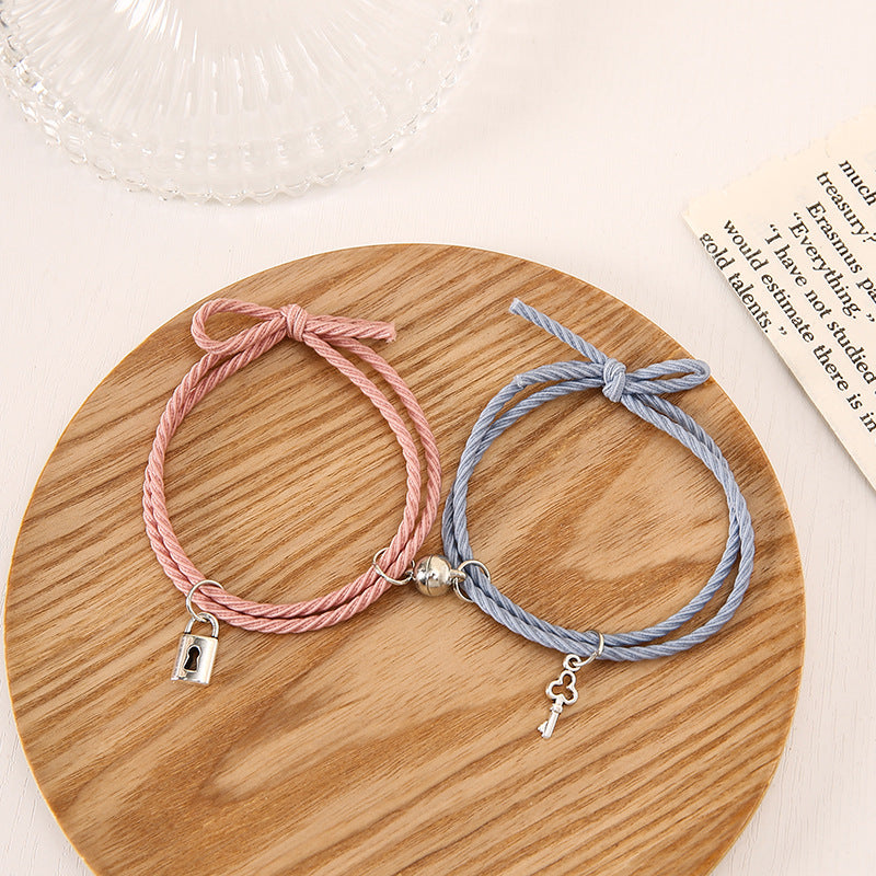 1 Pair Magnet Couple Bracelets for Lovers Lock Heart Magnetic Bracelet for Women Men Adjustable Braided Rope Jewelry Gift