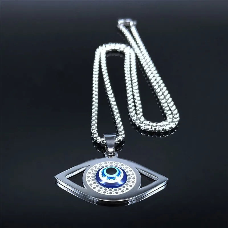 Islam Hamsa Evil Blue Eye Necklace Stainless Steel Turkish Eye Chain Bracelet Greek Jewelry ojo turco acero inoxidable N1137S02