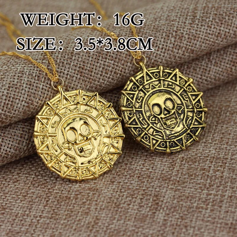 Movie Accessories Caribbean Akg Pirates Aztec Gold Color Coin Necklace Retro Skull Pendant Punk Hip Hop Necklace