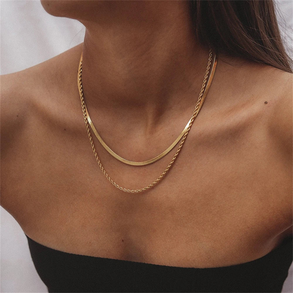 Vintage Fashion Multilevel Geometric Crystal Twist Snake Chain Set Necklace For Women Female Gold Plated Silver-plate Jewelry