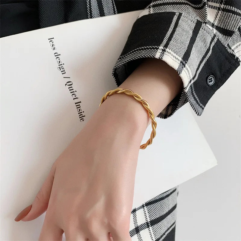 Trendy Charm Cuff Twist Bracelets Opening Bangles for Women Gold Color 316L Stainless Steel Wire Thin Simple Bangles Jewelry